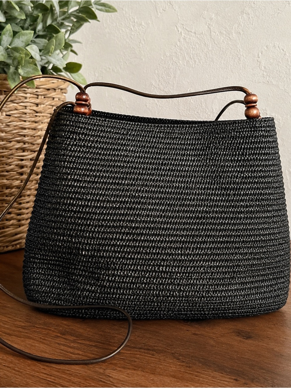 Black Woven Raffia Straw Crossbody Shoulder Bag Boho Coastal Vacation Purse
